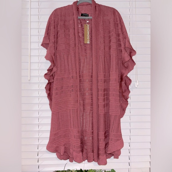 Mauve Textured Patchwork Ruffle Trim Cardigan - Picture 3 of 5